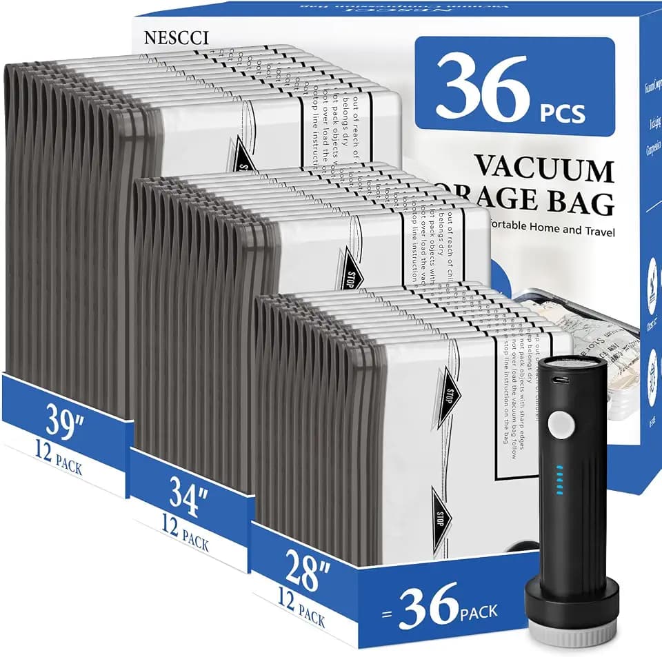 36 Pcs Travel Vacuum Bags for Clothing with Rechargeable Wireless air Pump