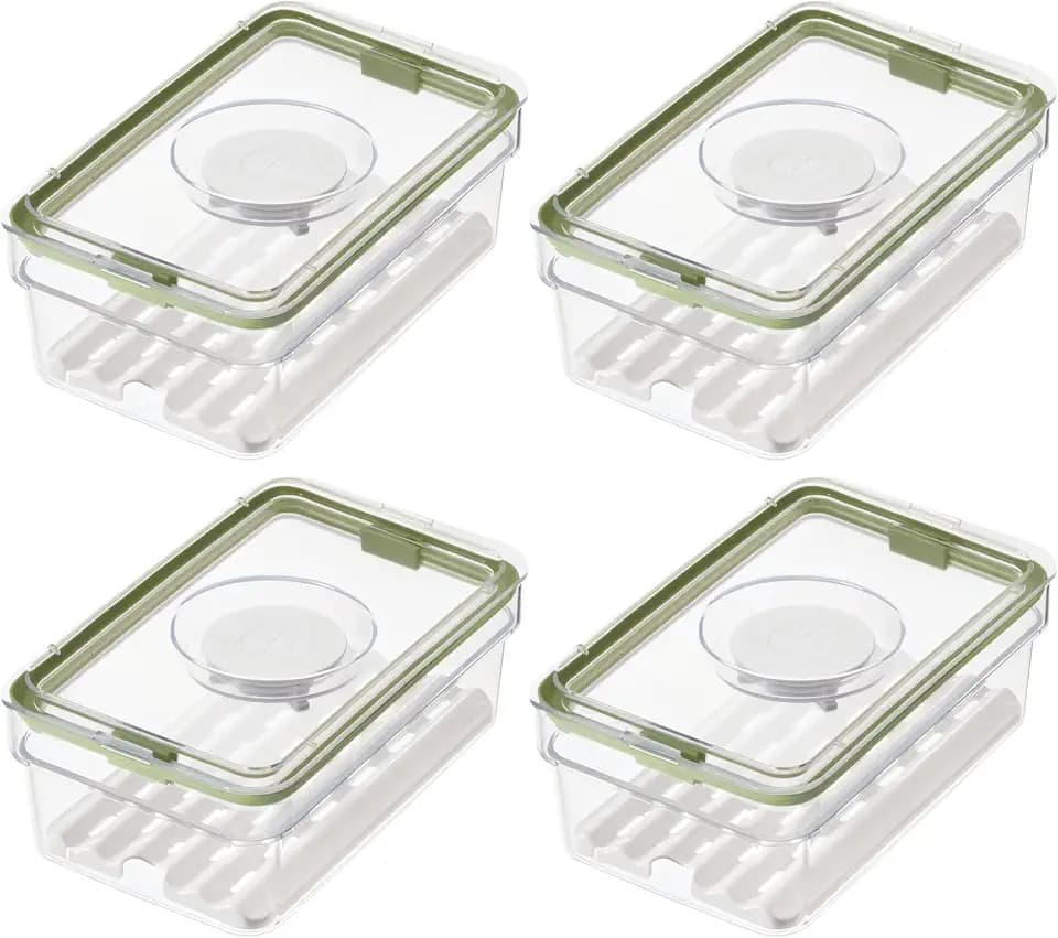 iDesign Medium Fridge Produce Bin with Removable Drainage Tray and Lid - Set of 4 - Clear