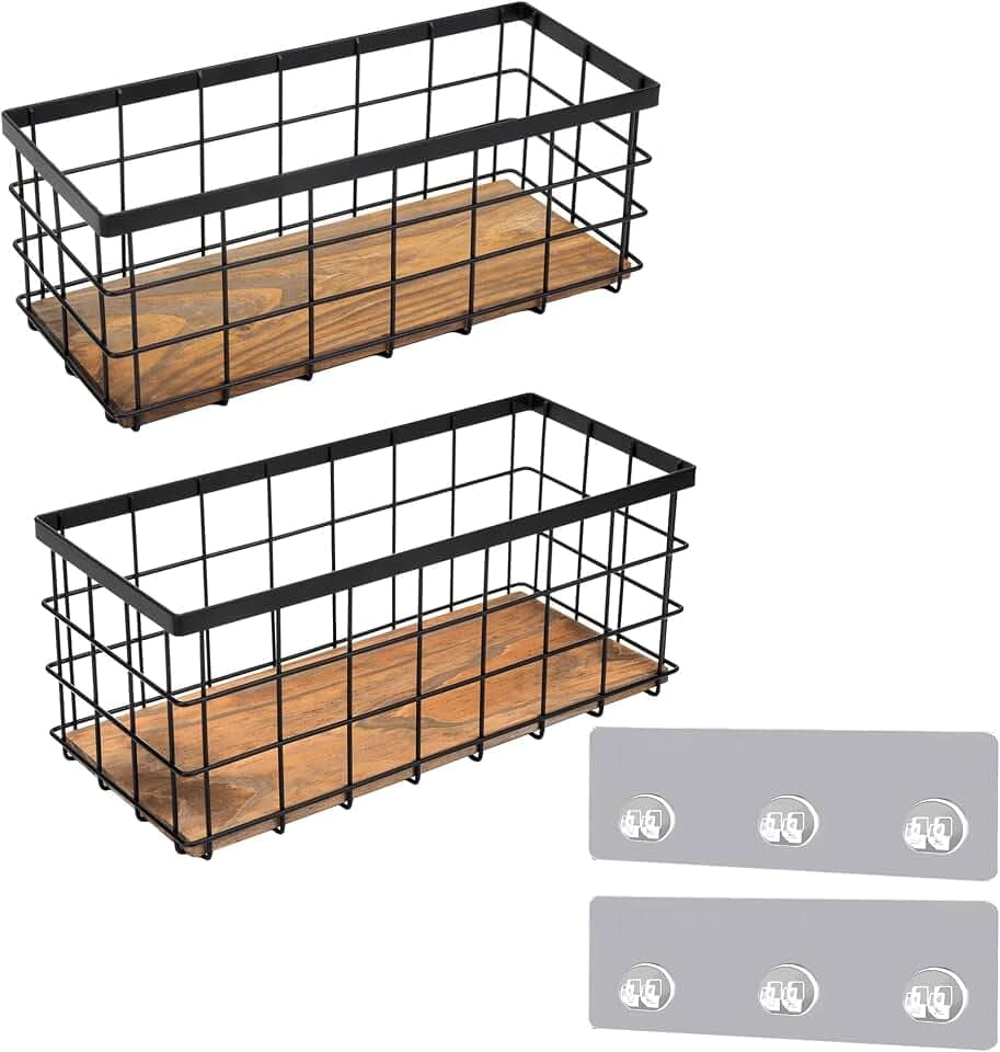 TIEYIPIN Black Metal Wire Storage Baskets with Wood Bottoms, Bathroom Storage Organizer Basket Bins, Set of 2 - Includes 2 Bonus Adhesive Hooks for Easy Wall Mounting