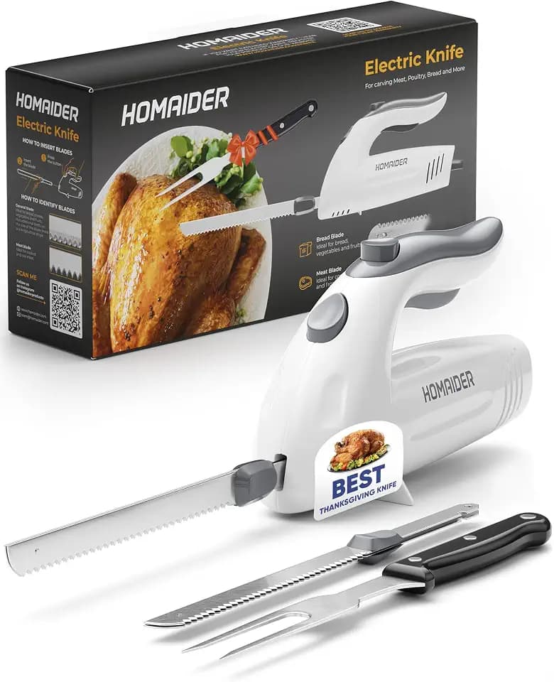 Homaider Electric Knife for Meat Slicing 2 Blades, Carving Fork & 6 Ft Cord