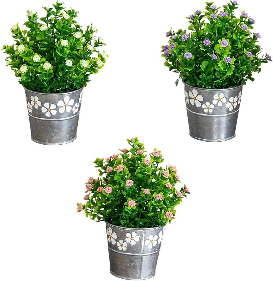 Nearly Natural 8 in Artificial Flowering Plant Daisy Tin Planter Set of 3