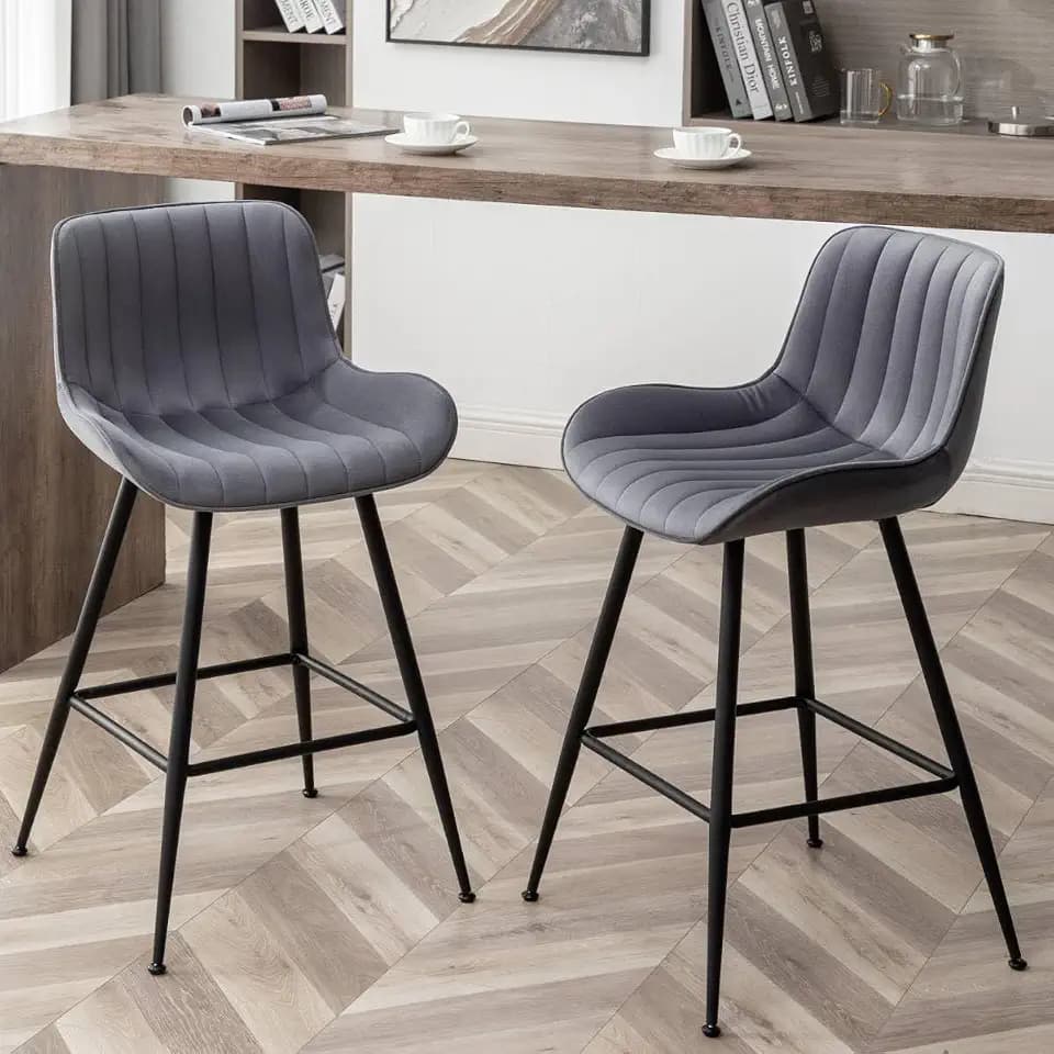 Grey Bar Stools Set of 2, Velvet Barstools 24-Inch Seat Height