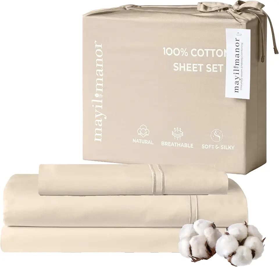 Twin XL Sheet Set, 500 TC Single-Ply Cotton Sateen, 3-Piece, Cream Beige