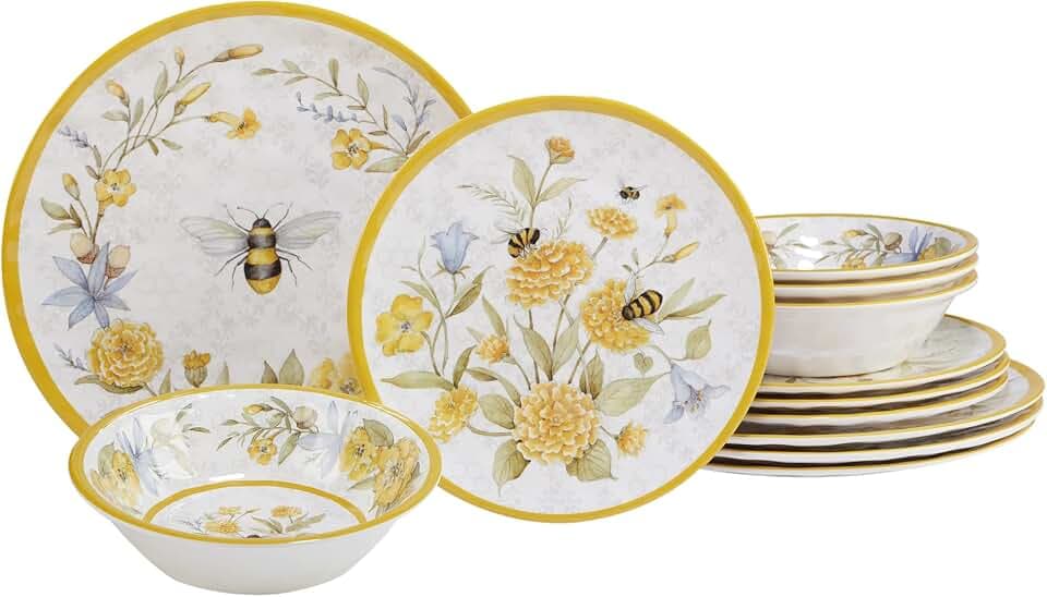 Certified International Bee Sweet 12-Piece Melamine Dinnerware Set, Service for 4, Bee & Floral Plates and Bowls, Durable Shatterproof Outdoor Tableware for Spring & Summer Entertaining