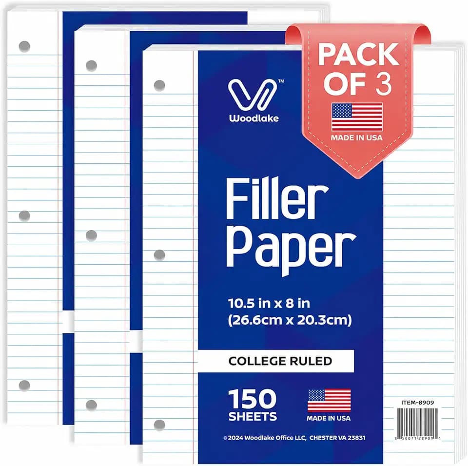 Woodlake Loose Leaf Paper, College Ruled Notebook Paper, 8 x 10.5”, 150 Sheets per Pack, 3 Pack, Lined Filler Paper, 3 Hole Punched, 65gsm, Made in USA