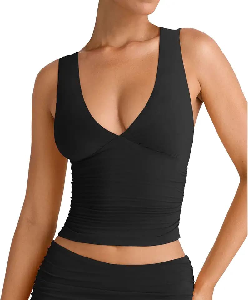 YFANG Women's Summer Deep V-Neck Ruched Crop Tank Top Sexy Sleeveless Double Lined Crop Top