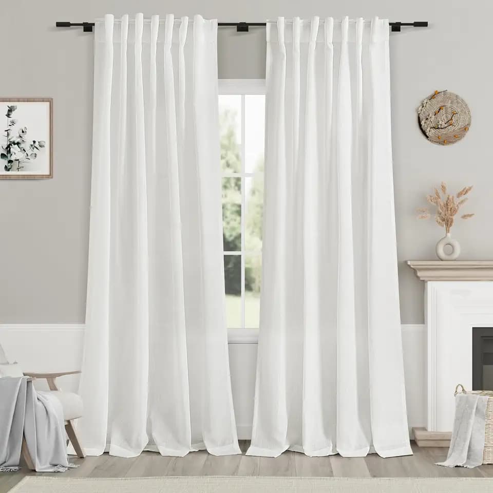 Nanspring Solid Off White Curtains 96 Inches Long 2 Panels Back Tab Sheer Linen Curtain Modern Farmhouse Coastal Decor White Cotton Textured Gauze Curtains for Patio Sliding Door Office Bedroom