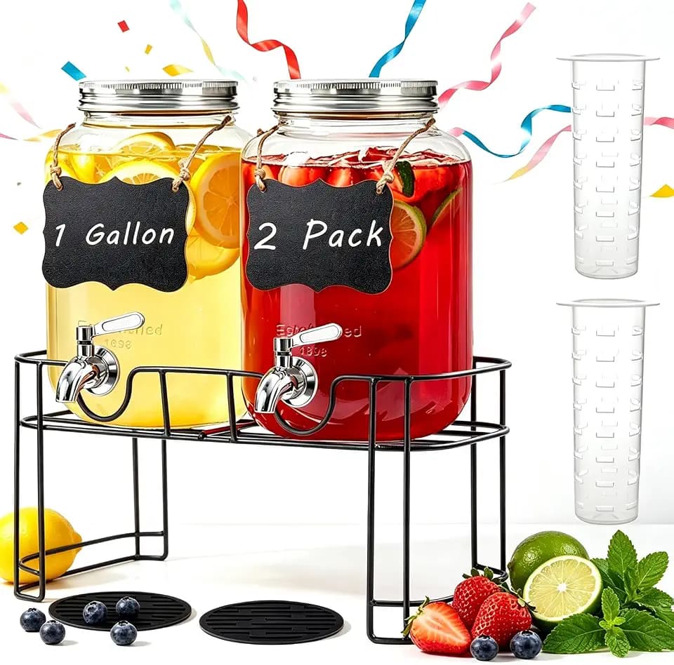 1 Gallon Glass Drink Dispenser with Stand,2 Pack Glass Beverage Dispenser with Stainless Steel Spigot,Water Lemonade Dispenser for Parties
