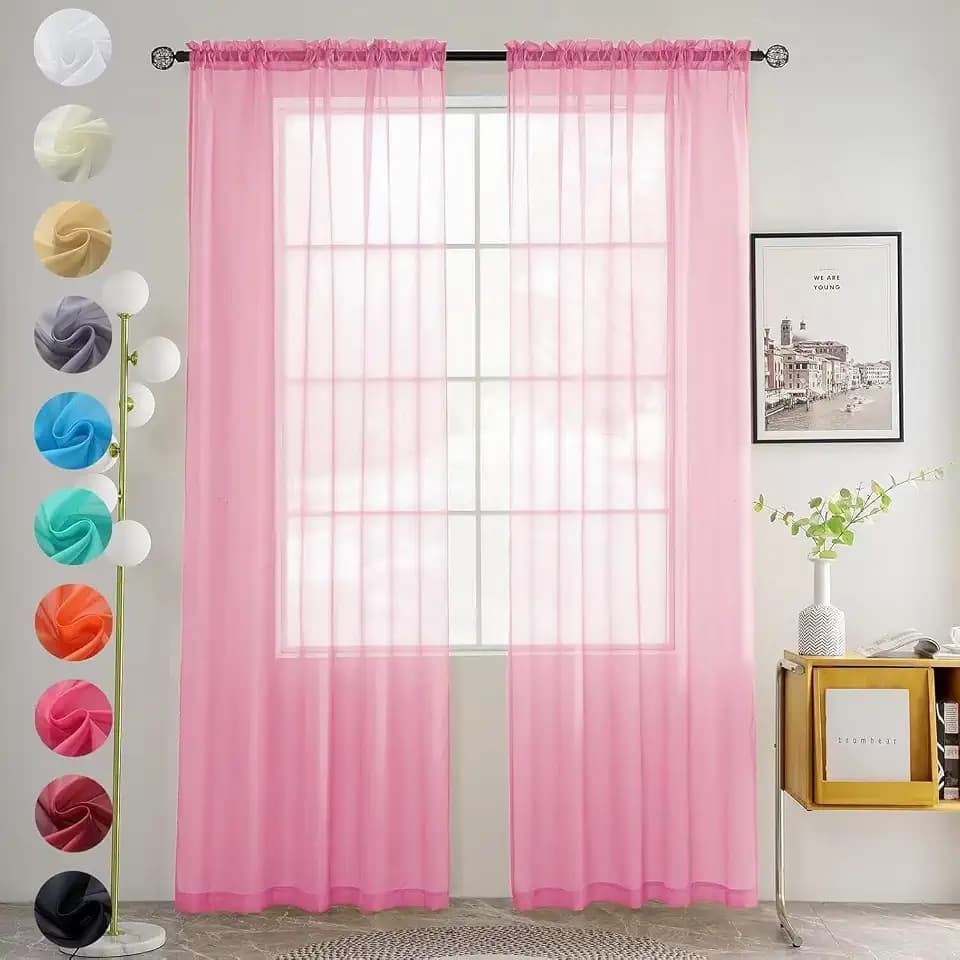 youleyar Solid Sheer Rod Pocket Curtain Voile Draperies 2 Panels White Beige Black Grey Coffee 52 Inch Width 96 Inch Long 1 Pair for Kitchen Bedroom Children Living Room Yard (New Pink,52Wx96L)