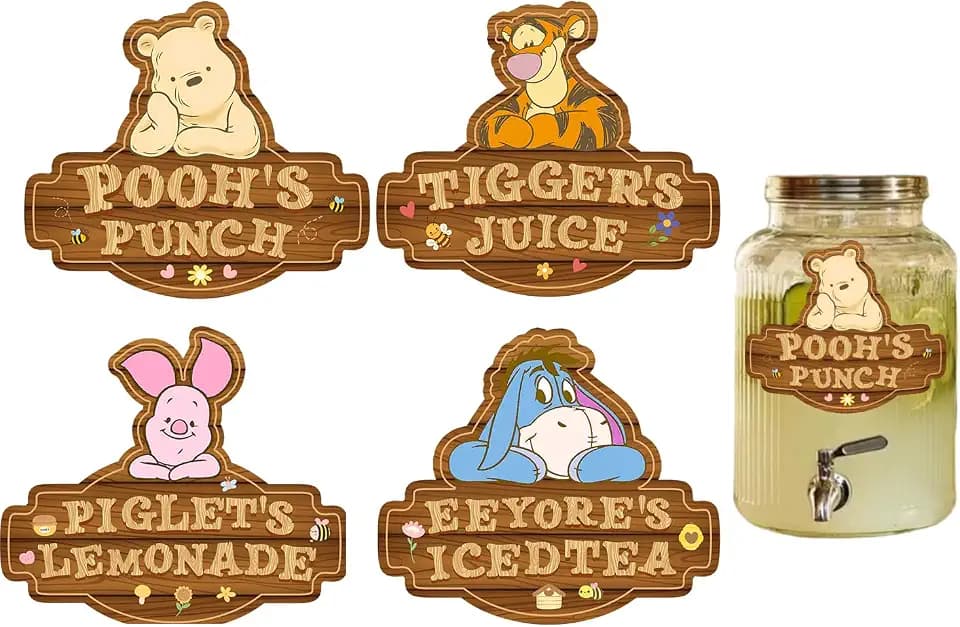 8 PCS Winnie Baby Shower Decorations - Drink Labels & Party Decorations for The Pooh Baby Shower, Birthday & Gender Reveal Celebrations