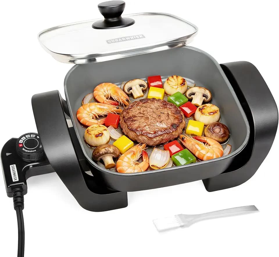 SugarWhisk 8-inch Ceramic Coated Electric Skillet with Lid, Non Stick Skillet Griddle Pan Electric, Rapid Heat Up, 650W, Breakfast Skillet, Kitchen Appliances for Cooking, Graphite