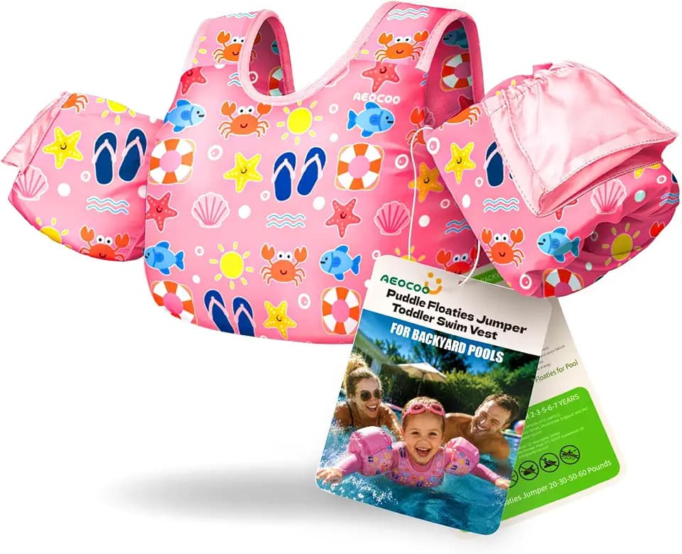 AEOCOO Toddler Swim Vest Kids, Puddle Pool Jumper for Boys & Girls & Niños, Toddler Swim Aid Water Wings with Arm Floaties, Fun Patterns Float for Swimming Pool