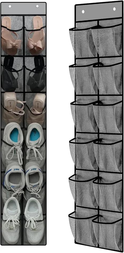 MSLOVE Narrow Over The Door Shoe Organizer, 12 Large Mesh Pockets Hanging Shoe Organizer for Closet Organizers and Storage, Grey, 2 Pack