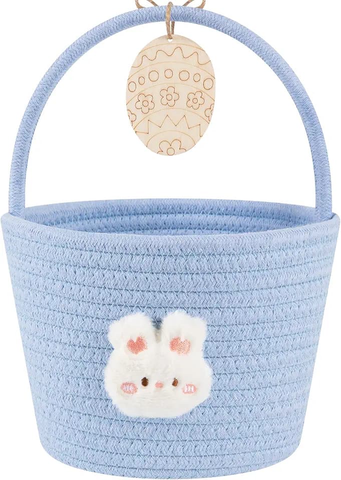 OIAHOMY Gift Basket with Handle, Personalized Baby Basket for Kids, Woven Rope Gift Empty for Toys, Baby Treasure Hunt Baskets with Wooden Card for Boys and Girls - Blue