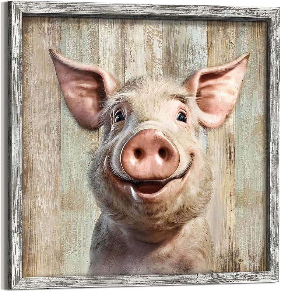 Framed Pig Wall Art Bedroom: Rustic Farm Animal Wooden Painting Print Decor Funny Piggy Head Portrait Artwork Picture for Farmhouse Kids Room Nursery Home