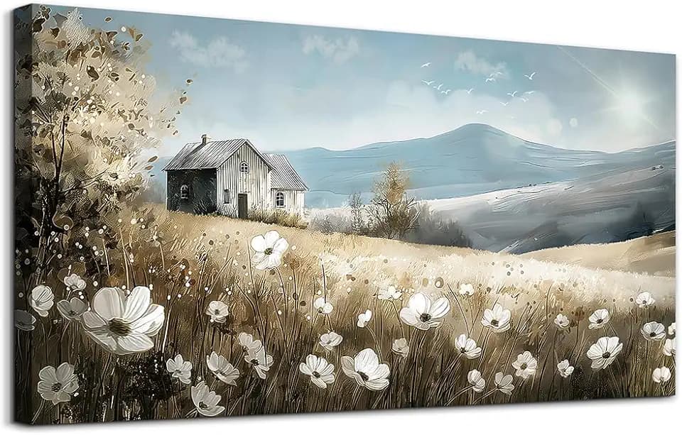 Wapluam Canvas Wall Art For Living Room Large Wall Decor For Bedroom Field Scenery Watercolour Flowers Wall Paintings Office Decorations Old House Pictures Artwork Home Decor Ready To Hang 48L x 24W