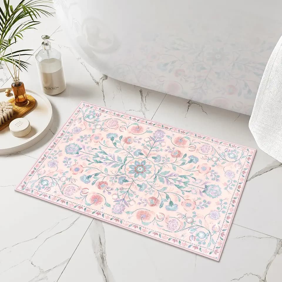 Uphome Pink Bathroom Rugs Vintage Boho Bath Mat Soft Shaggy Non-Slip Farmhouse Bath Rug Machine Washable Distressed Floral Toilet Rug for Shower Sink Door Mat, 18x26 inch
