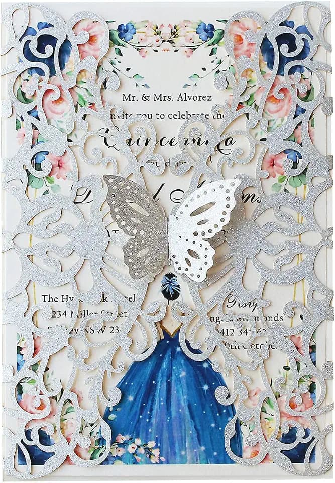 50PCS 5.1x7.3 inch Silver Laser Cut Lace Flora Wedding Invitation Cards with Butterfly and Envelopes for Quinceanera Bridal Shower Wedding Invite (Silver Glitter)
