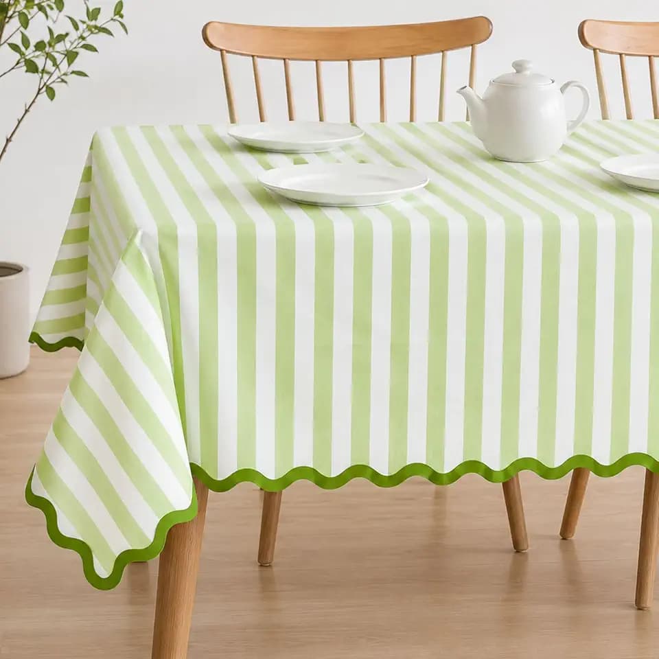 Whaline Scalloped Edge Light Green Striped Tablecloth 55 x 70 Inch Waterproof Fabric Tablecloth Rectangle Table Cover for Home Kitchen Table Decoration