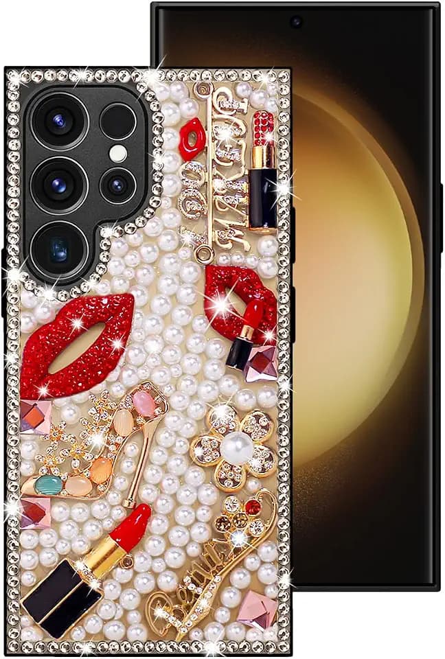 Bling Case for Samsung Galaxy S24 Ultra,Luxury Designer Phone Case with Glitter Sparkle Diamond Crystal Rhinestone Lips Lipstick Pearl Flowers High Heels,Soft Bumper Cover for Women Girl