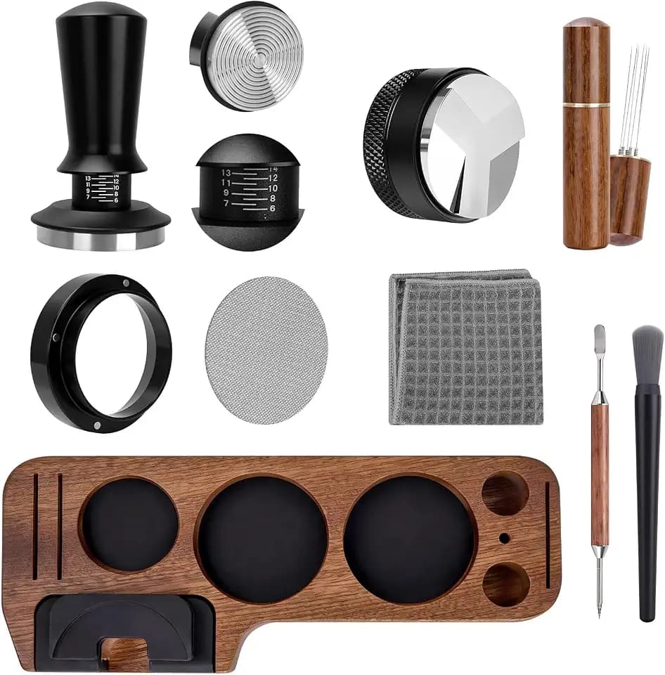 9-in-1 Espresso Tool Set: 54mm Tamper, WDT Tool, Distributor, Magnetic Funnel, Puck Screen, Brush, Cleaning Cloth, Latte Art Needle & Wooden Stand for Breville De'Longhi