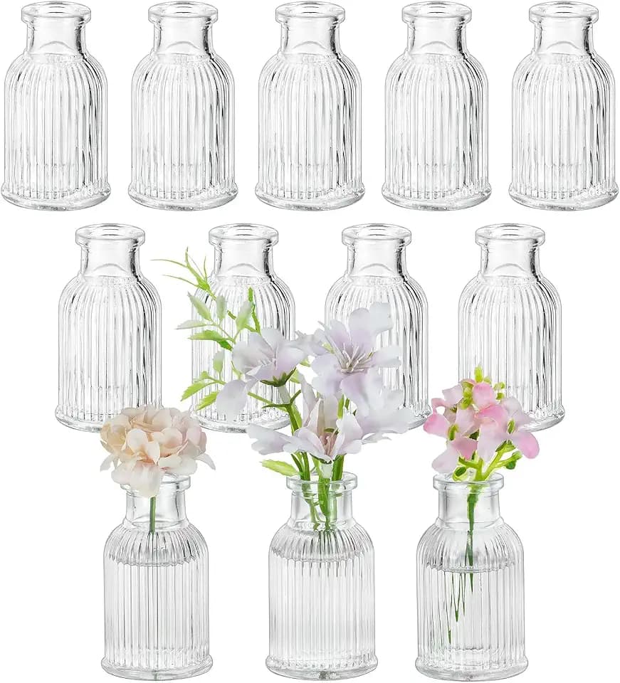 Glasseam Glass Bud Vases for Centerpieces: 12 Pcs Ribbed Small Flower Vases