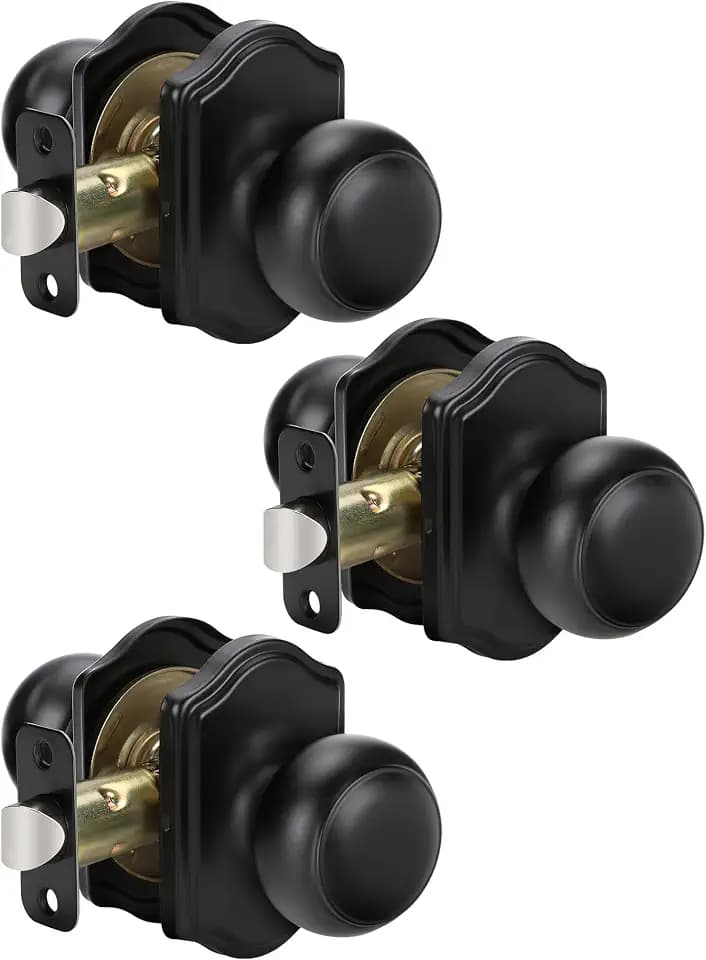 goldenwarm Interior Door Knob, 3 Pack Matte Black Passage Hardware Handle, Classic Decorative Closet Door Knobs for Hallway, 6x3 inches, Stainless Steel, Reversible, Ambidextrous