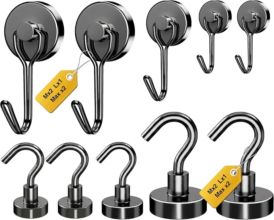 Mixed Sizes Magnetic Hooks, 2026 Cruise Cabin Ship Essentials Heavy Duty Strong Magnets Fridge Hanging for Classroom Kitchen Garage Grills Home, 10 Pack Black (Medium 4 + Large 2 + Max 4)
