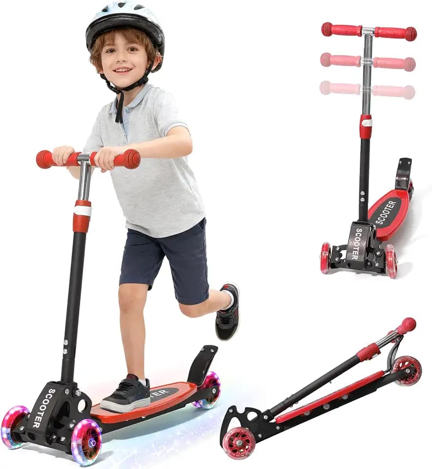 Scooter for Kids 3-5 5-7,Light up 3 Wheels Kick Scooter,Heavy Duty Folding Lean-to-Steer Scooters with 3 Adjustable Handlebar for Boys Girls,Widen Anti-Slip Deck,Rear Break,Holds up to 150Lbs