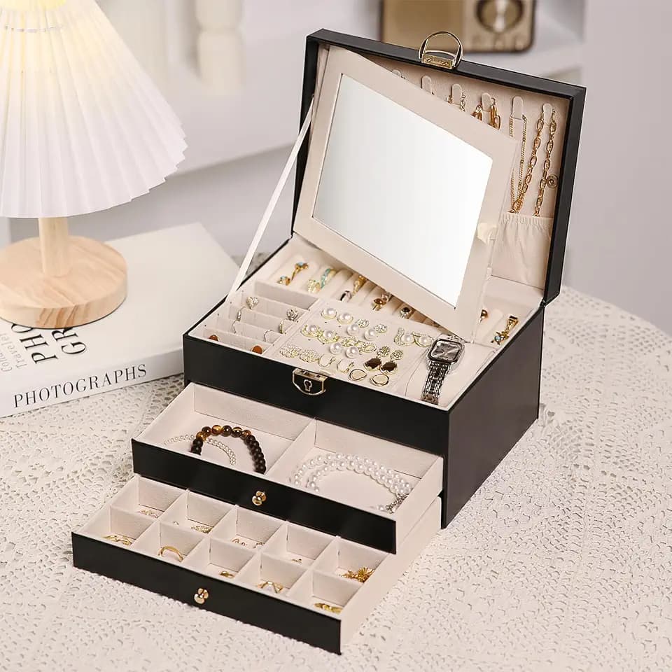 3 Layer Jewelry Boxes for Women with Mirror Large Jewelry Holder Organizer with 2 Jewelry Organizer Drawer PU Lockable Elegant Unique Gifts for Women, Black