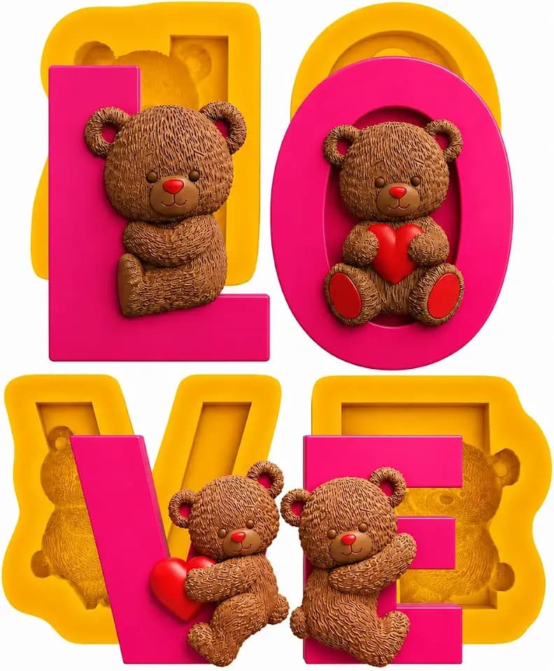 Teddy Bear Silicone Mold Set with LOVE Letters, Bear Chocolate Mold for Candy, Fondant, Soap, Resin, Wax, Valentine Heart Mold for Valentine's Day Treats and Crafts