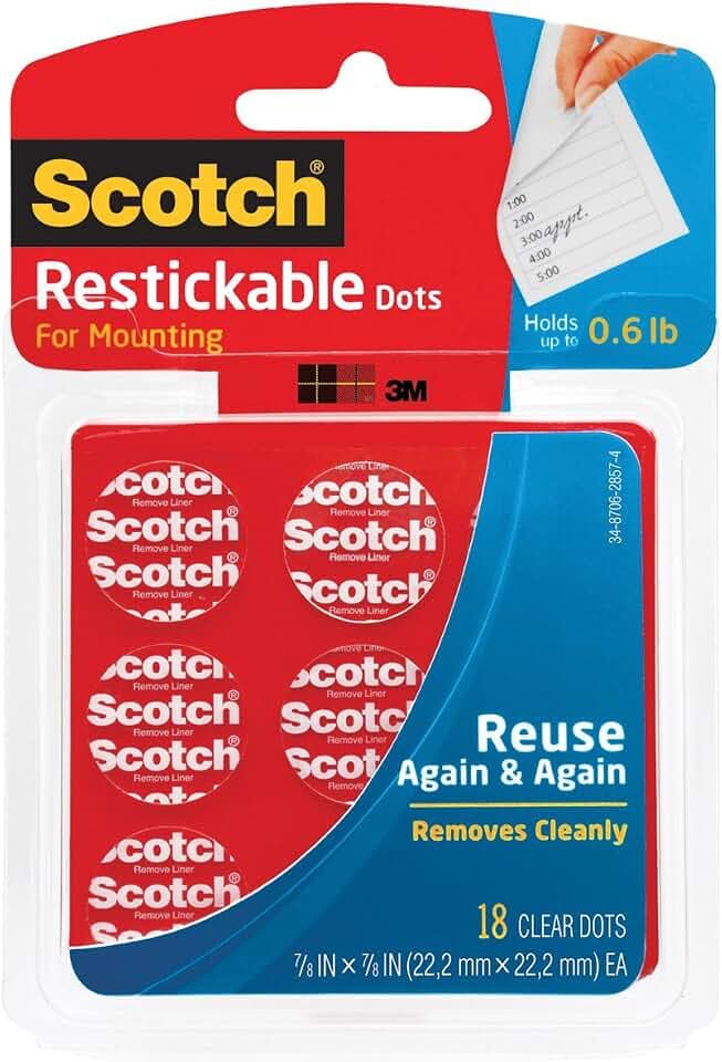 Scotch Restickable Dots, 7/8-in, 18 Count, Clear Double-Sided Mounting Pre-Cut Dots, Remove Cleanly, Mount Objects on Stainless Steel, Plastic & More, Photo-Safe Adhesive, Mess-Free Application (R105)