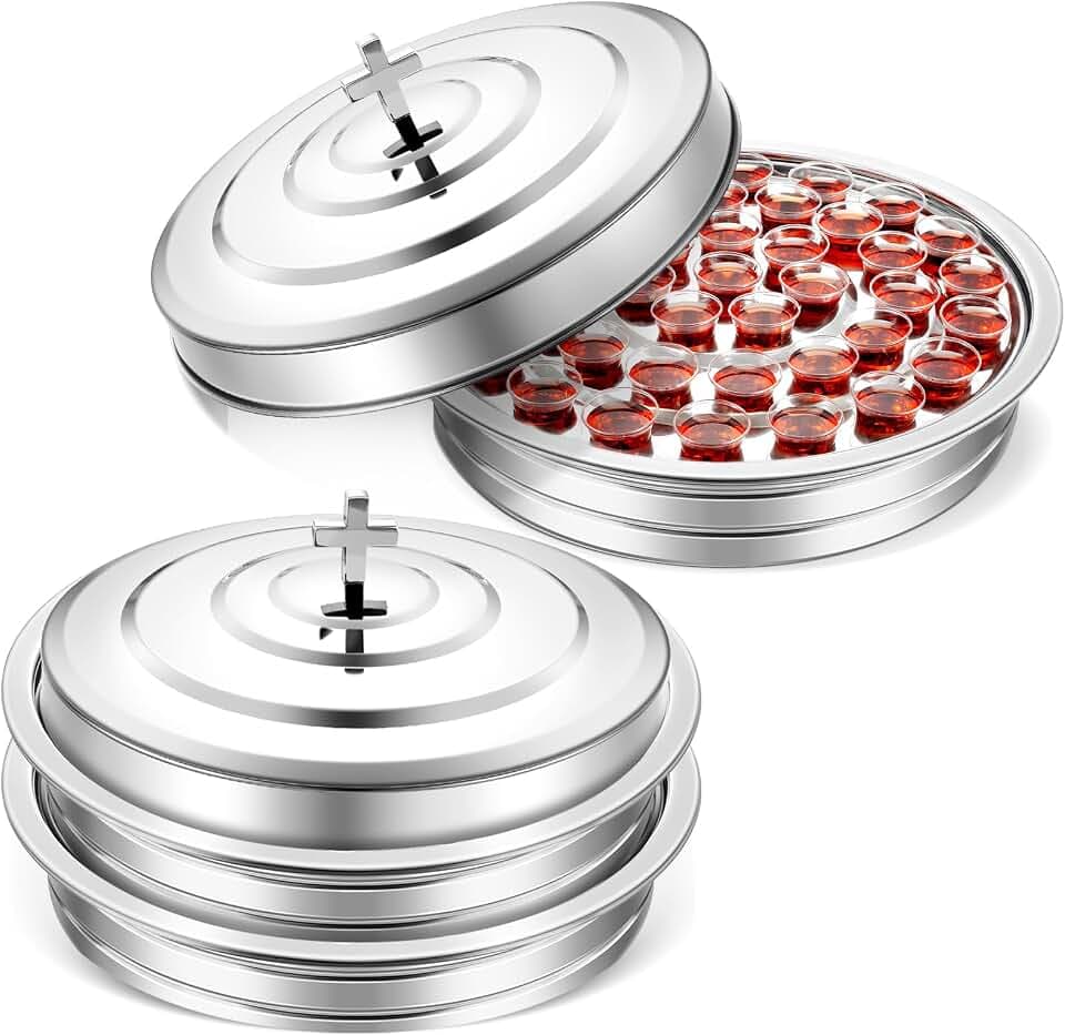 Jingmore Communion 2 Trays with Lid Christmas Holy Wine Serving Trays House up 80 Cups Stacking Stainless Steel Churches Ware Wine Bread Christmas Party Supplies(Silver)