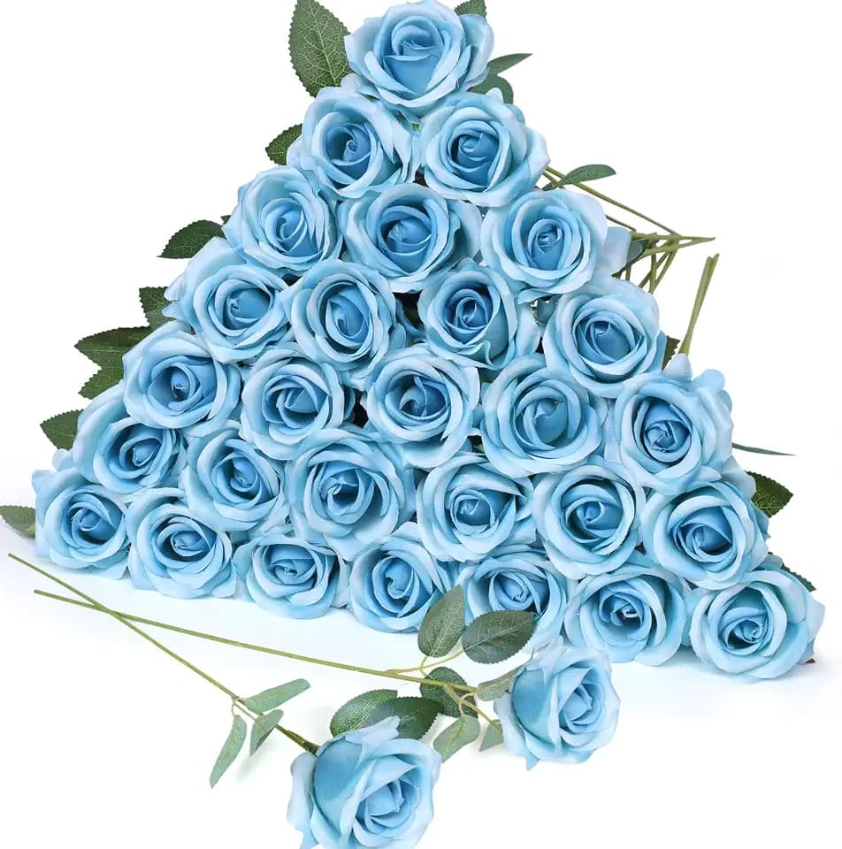 30pcs Sky Blue Artificial Roses with Long Stems Realistic Bouquet Blue Fake Silk Rose Artificial Flowers Bulk for Bridal Wedding Bouquet Centerpiece Ball Arrangement Party Decor