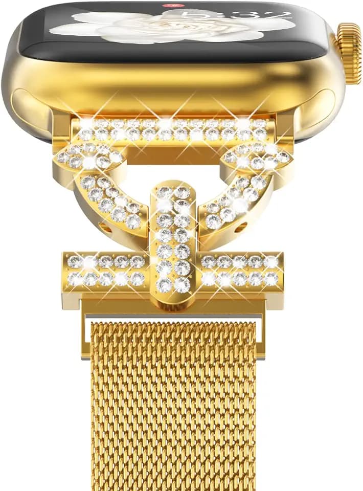 Fullife Milanese Armband Kompatibel mit Apple Watch Armbänder 46mm 45mm 44mm 42mm(Serie 3 2 1) für Damen, Diamant Metall Ersatzband für iWatch SE Serie 11/10/9/8/7/6/5/4/3/2/1,Gold