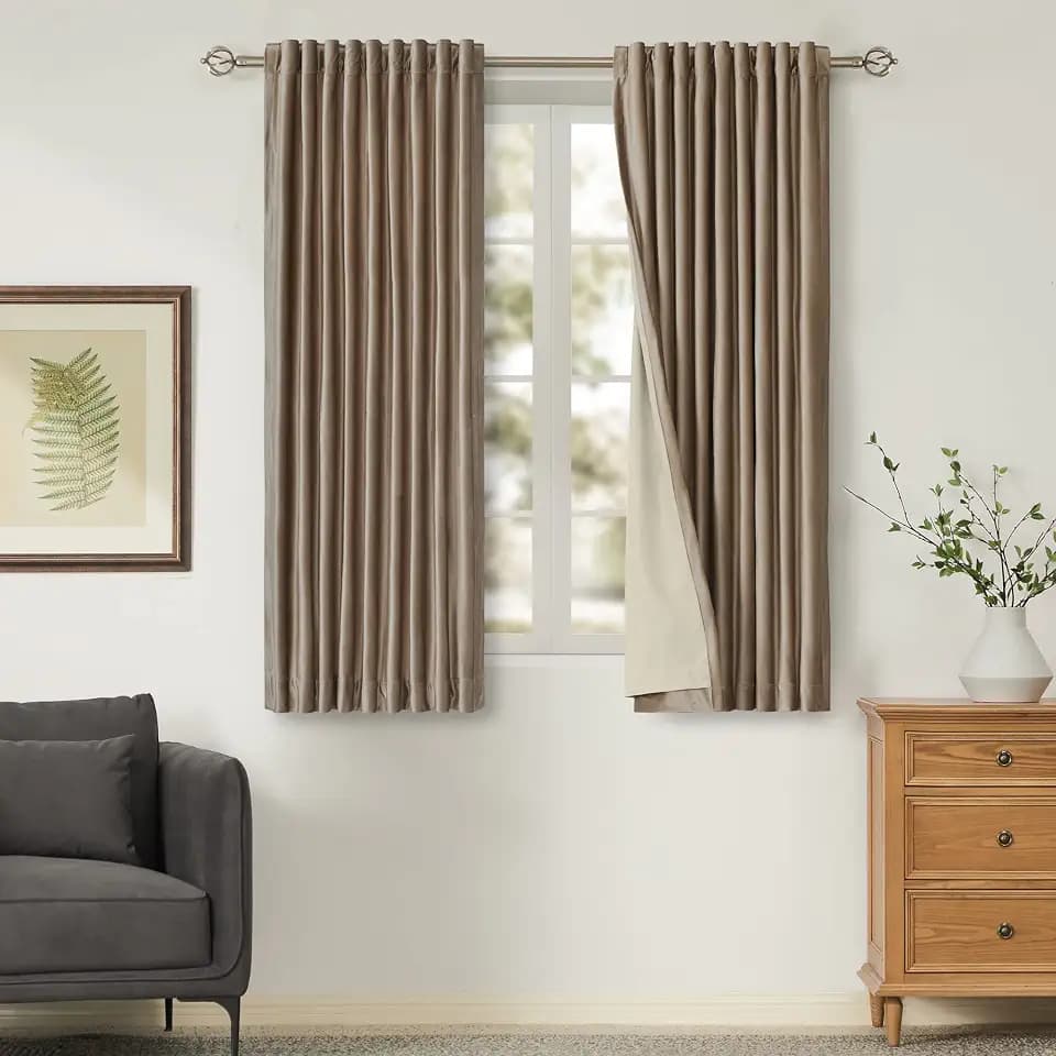 PRIMROSE Blackout Taupe Velvet Curtains, 63 inch Long for Living Room, Set of 2 Panels with Liner Rod Pocket Back Tab, Thermal Room Darkening Heavy Decorative Curtains