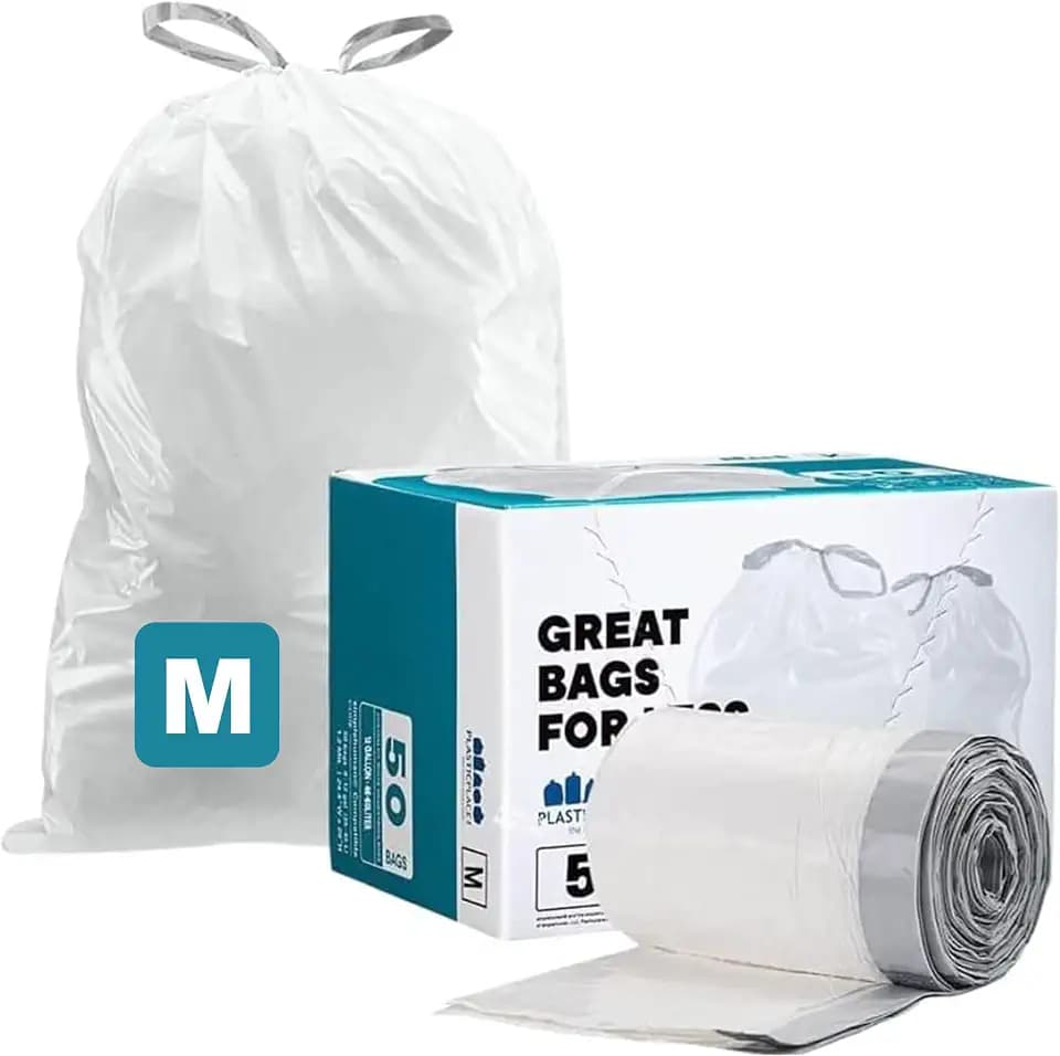 Plasticplace Custom Fit Trash Bags, Compatible with simplehuman Code M (50 Count) White Drawstring Garbage Liners 12 Gallon / 45 Liters, 21" x 30.5"