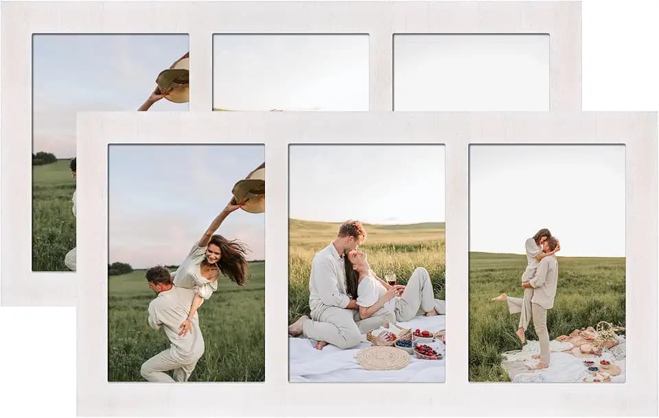 YESKAY 4x6 Collage Picture Frames,3 Picture Frame 4x6 with Real Glass,Rustic White Wooden Frame,3 Opening 4 by 6 Photo Frame Wall Decor or Tabletop,2 Pack