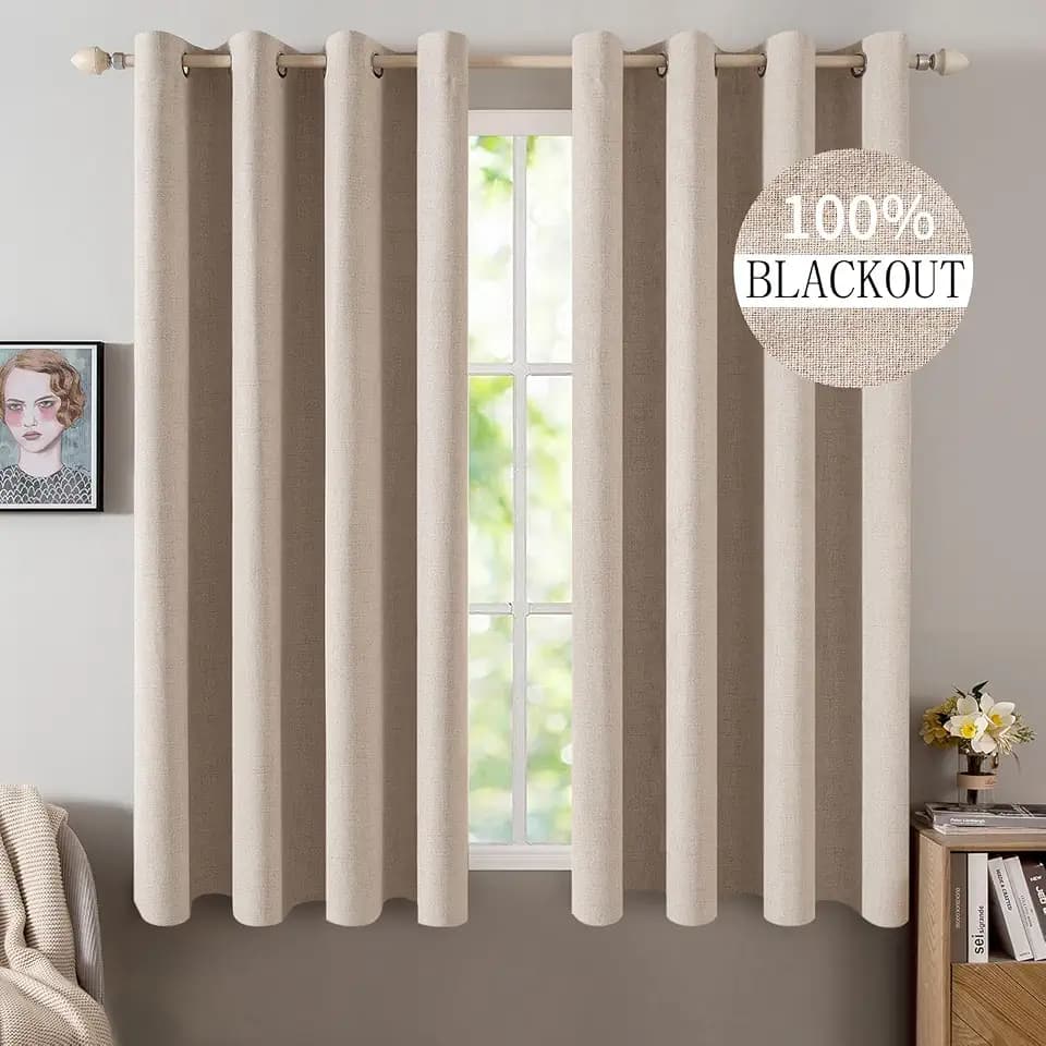 MIULEE 100% Blackout Linen Curtains for Bedroom 52x54 Inches Natural Beige