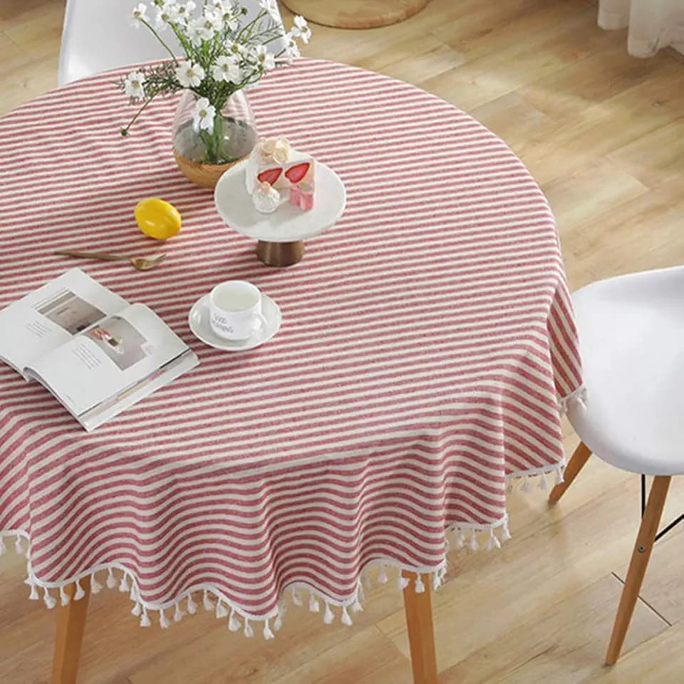 AMZALI Stripe Tassel Tablecloth Cotton Linen Table Cloth Stain Resistant Dust-Proof Table Cover for Kitchen Dinning Tabletop Home Decoration (Round 60 Inch)