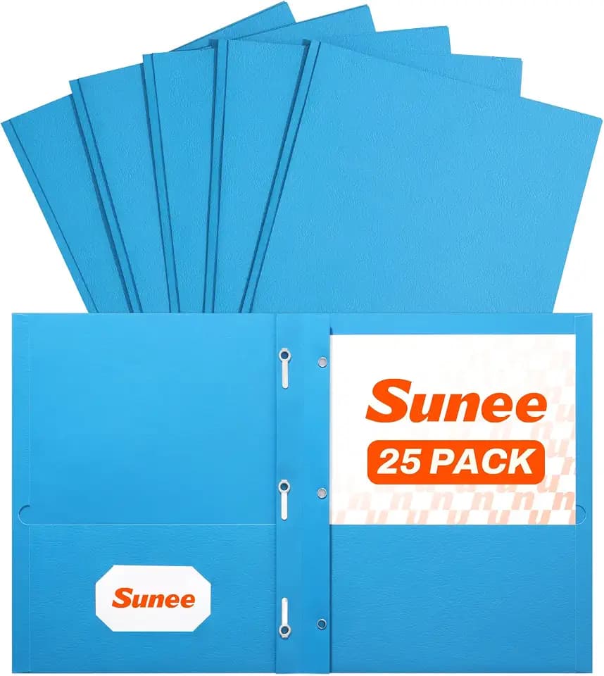 SUNEE 2 Pocket Folders with Prongs (25 Pack, Blue), Paper Folders with 2 Pockets and 3 Prongs Fit Letter Size Paper, Folders with Prongs for School Office Home Business