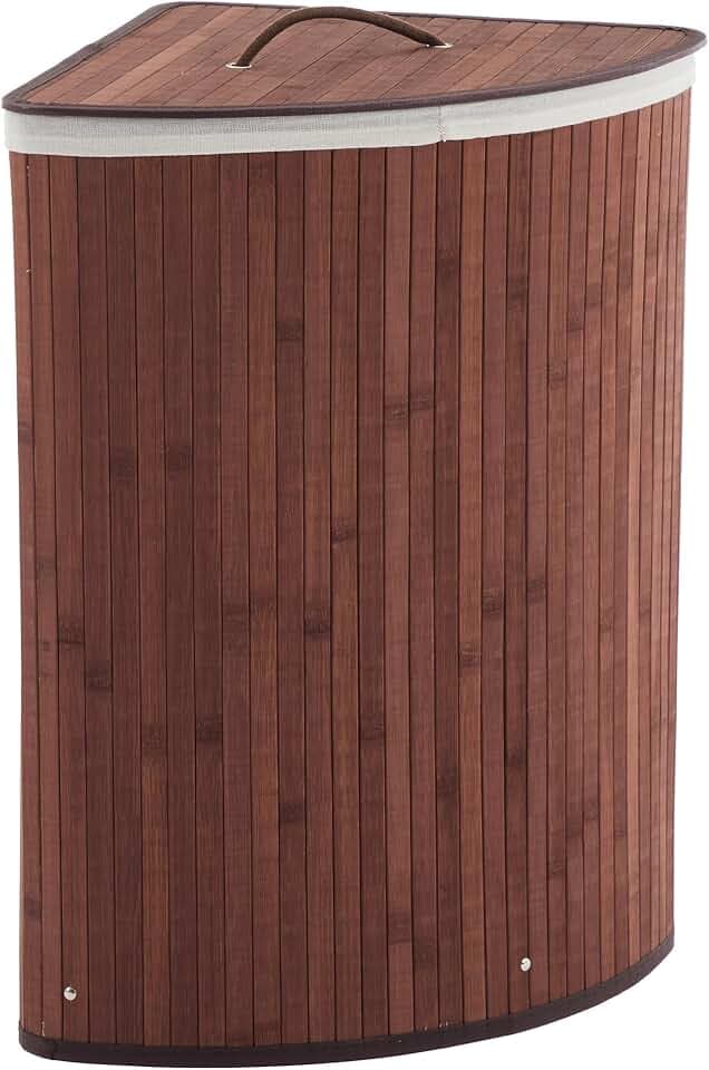 GarveeHome Corner Laundry Hamper with Lid, 15.3 Gal / 58 L Large Foldable Bamboo Laundry Basket with Washable Liner Bag, Wicker Clothes Hamper for Bedrooms Bathrooms Apartments, Brown