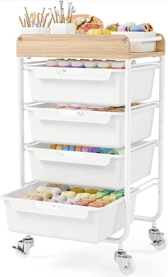 SYKIARIOL Rolling Craft Storage Cart with 4 Drawers,Kids Art Cart,White