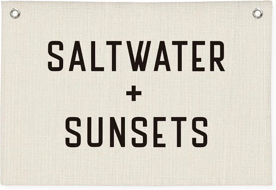 Coastal Beach Wall Decor, Saltwater Sunsets Banner for Kids Playroom, Nursery, Surf Shack | Nautical Vintage Rustic Sign 20x30 Inch
