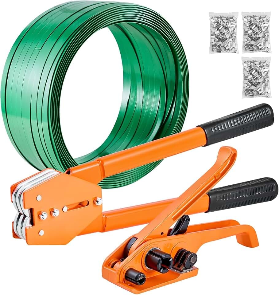 VEVOR Banding Strapping Kit, Heavy Duty Banding Sealer Tool with 1000 ft Length PET Band, 300 Metal Seals, Plastic Manual Pallet Packaging Strapping Kit for Warehouse/Shipping/Moving/Home, Orange