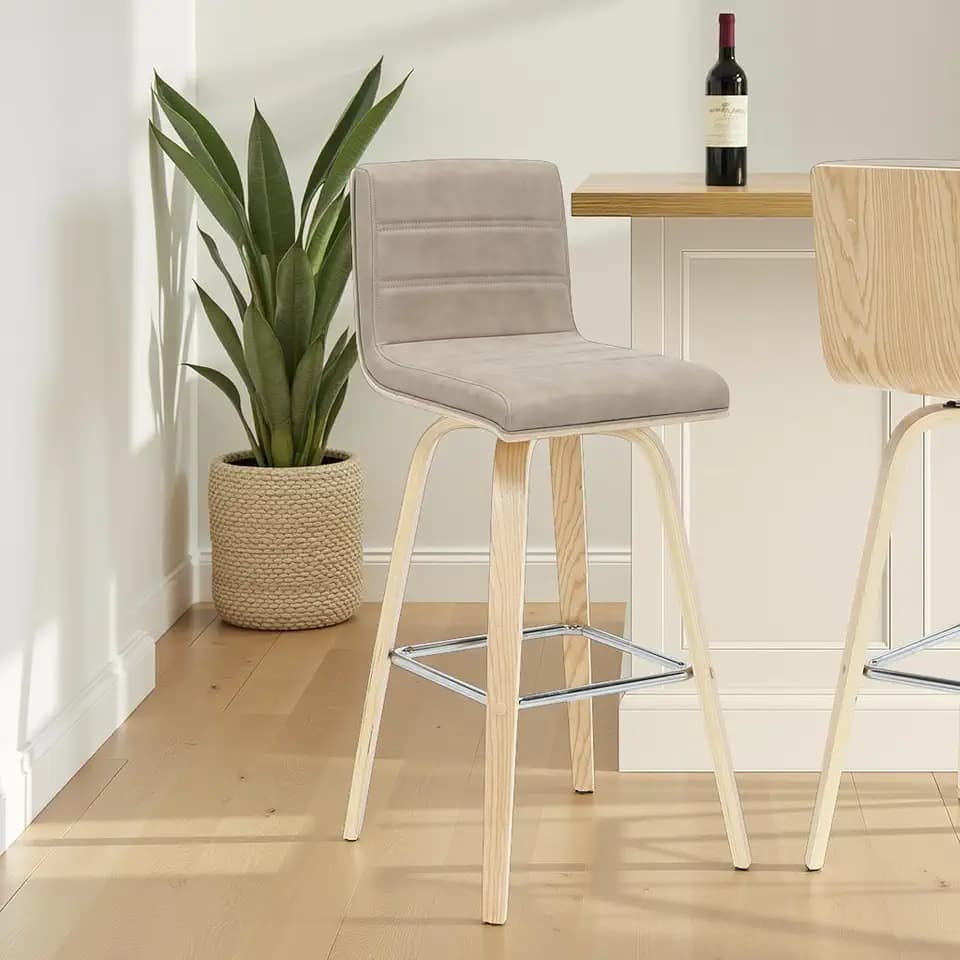 Armen Living Vienna 39.5 in. H Swivel Bar Height Vintage Taupe Square Back Wood Bar Stool with Faux Leather Seat Set of 2
