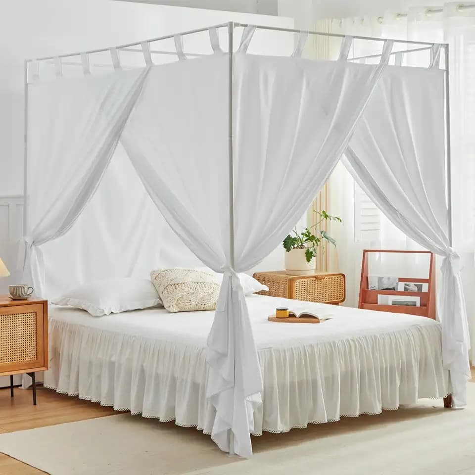 AIKASY White Canopy Bed Curtains with Top Ties and Tie Backs for Bedroom Decoration - Full Size Bed Curtains with Windproof and Lightproof Features
