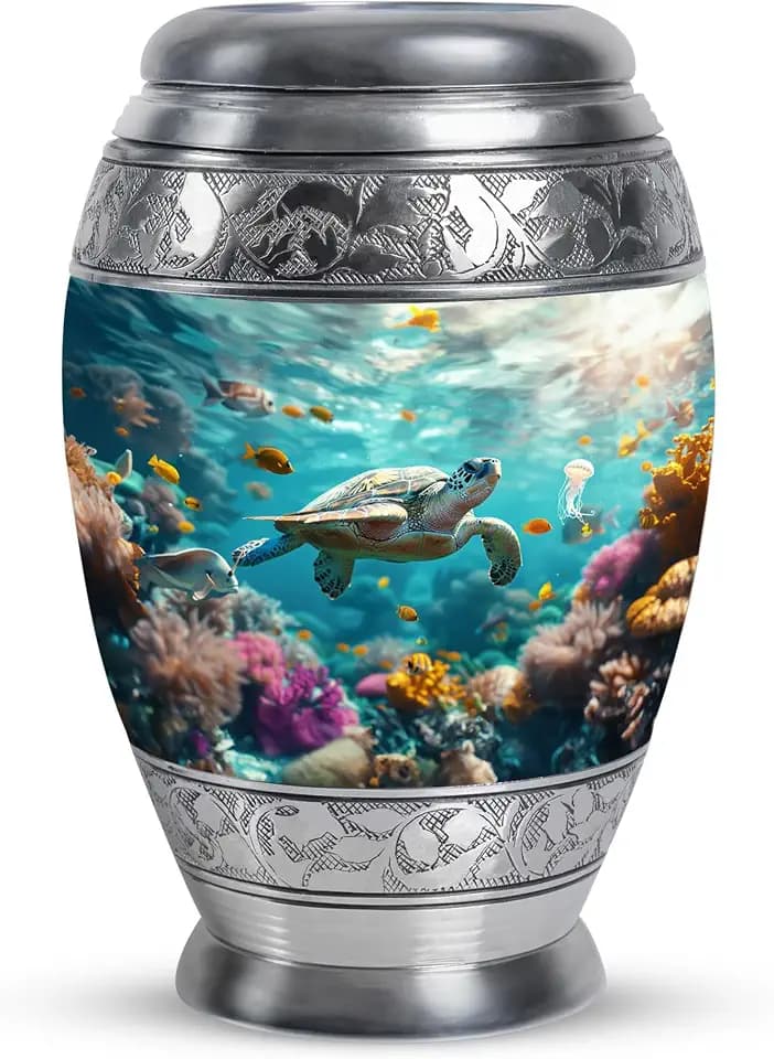 Turtle Urn - Blue Cremation Urns for Human Ashes - 10" Large Decorative Urn