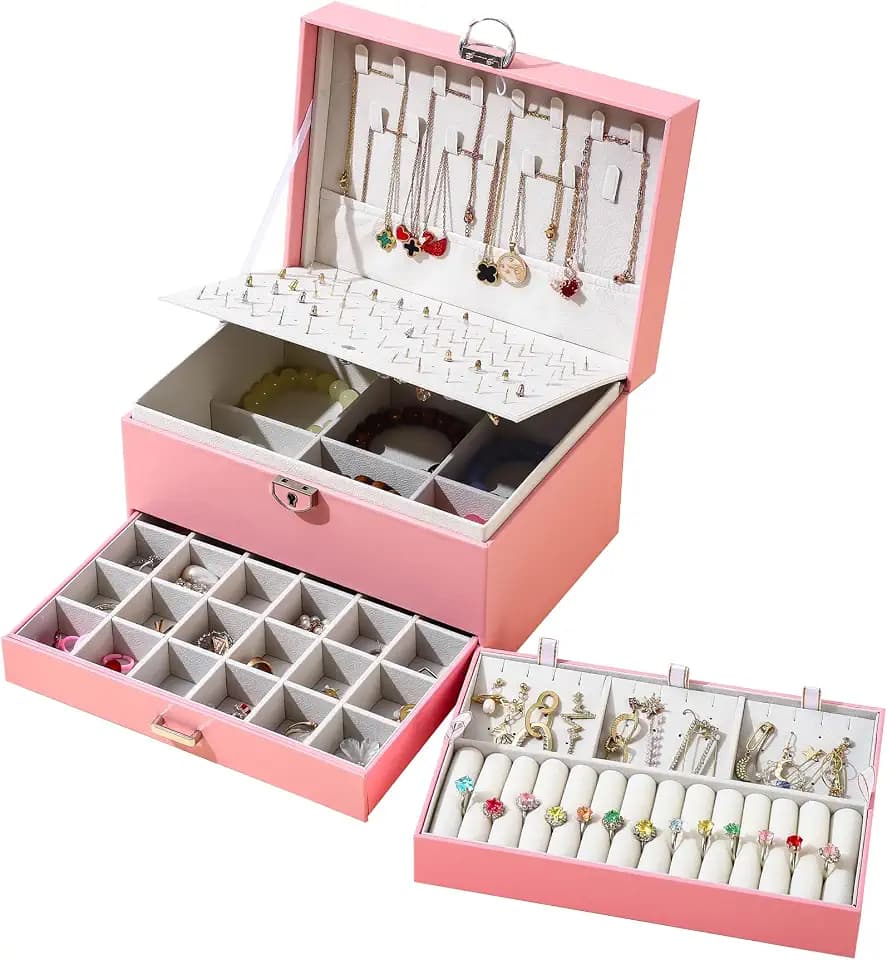BOOVO Large Jewelry Boxes For Women (Pink, 5 Layer)