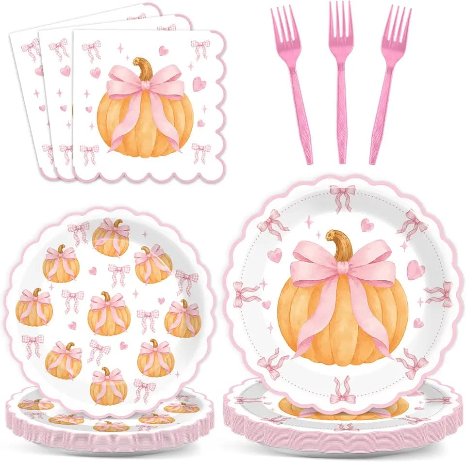 96Pcs Pink Bow Pumpkin Plates and Napkin Fall Baby Shower Decorations